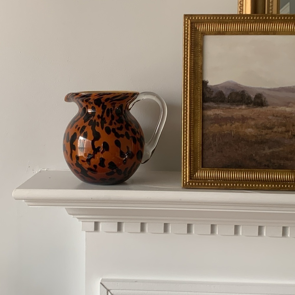 1998 Bombay Company Hand Blown Glass Tiger Pitcher Orange & Black 6.5" Tall boho - Picture 2 of 9